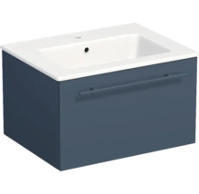 Meuble sous-vasque suspendu bleu foncé avec lavabo en céramique blanche et un tiroir.