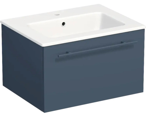 Meuble sous-vasque suspendu bleu foncé avec lavabo en céramique blanche et un tiroir.