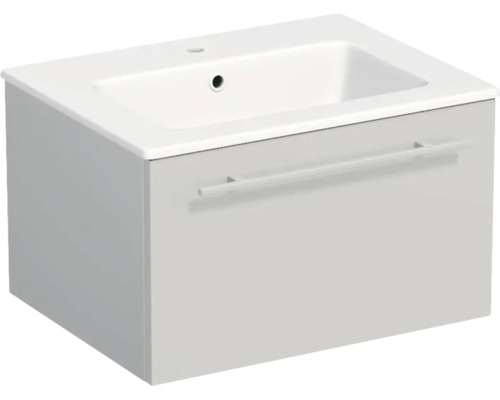 Meuble sous-vasque avec lavabo en céramique, un tiroir avec poignée, montage mural, gris clair.