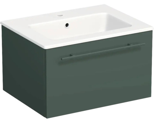 Meuble sous-vasque moderne avec un tiroir et un lavabo rectangulaire en céramique intégré.