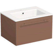 Meuble sous-vasque suspendu en marron avec lavabo blanc intégré et un tiroir avec poignée.