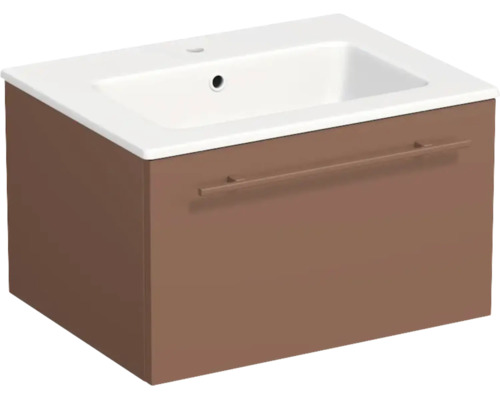 Meuble sous-vasque suspendu en marron avec lavabo blanc intégré et un tiroir avec poignée.