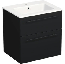Meuble sous-vasque avec deux tiroirs et un lavabo blanc.