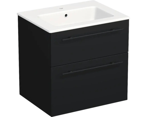Meuble sous-vasque avec deux tiroirs et un lavabo blanc.