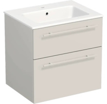 Meuble sous-vasque avec deux tiroirs et lavabo en céramique intégré, avec poignées horizontales.