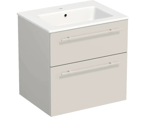 Meuble sous-vasque avec deux tiroirs et lavabo en céramique intégré, avec poignées horizontales.
