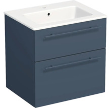 Meuble sous-vasque bleu avec deux tiroirs, lavabo blanc en céramique et un trou pour mitigeur.