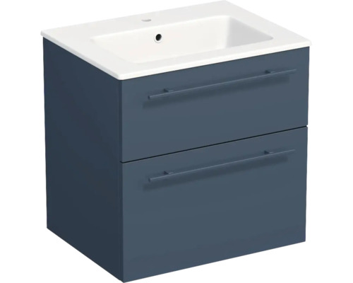 Meuble sous-vasque bleu avec deux tiroirs, lavabo blanc en céramique et un trou pour mitigeur.
