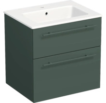 Meuble sous-vasque avec lavabo en céramique, deux tiroirs et poignées, vert foncé.