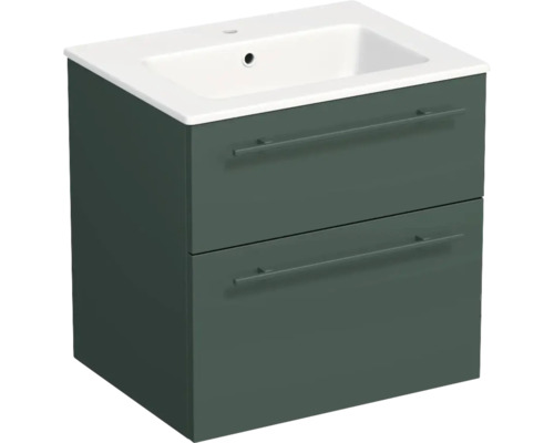 Meuble sous-vasque avec lavabo en céramique, deux tiroirs et poignées, vert foncé.