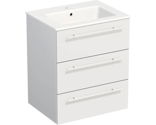 Meuble sous-vasque blanc avec trois tiroirs et vasque en céramique intégrée.
