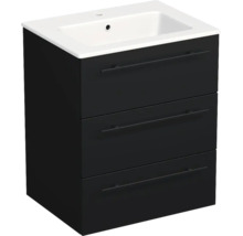 Meuble sous-vasque noir avec trois tiroirs et un lavabo en céramique blanc.