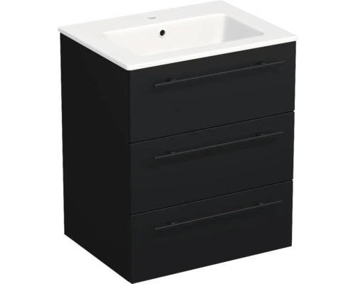 Meuble sous-vasque noir avec trois tiroirs et un lavabo en céramique blanc.