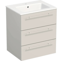 Meuble sous-vasque beige avec trois tiroirs et vasque intégrée blanche.