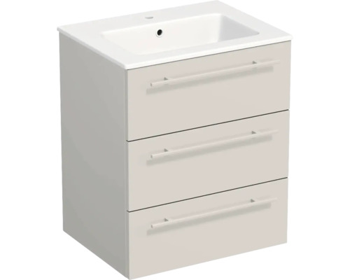 Meuble sous-vasque beige avec trois tiroirs et vasque intégrée blanche.