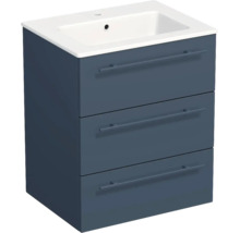 Meuble sous-vasque bleu foncé avec trois tiroirs et vasque en céramique blanche.