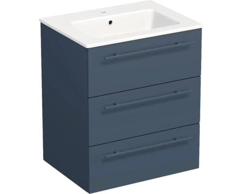 Meuble sous-vasque bleu foncé avec trois tiroirs et vasque en céramique blanche.