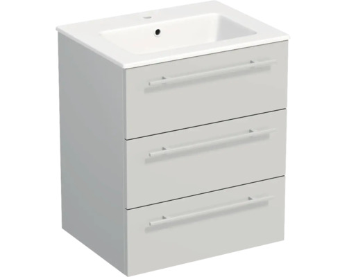 Meuble sous-vasque avec lavabo en céramique intégré et trois tiroirs avec de longues poignées barres.