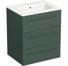 Meuble sous-vasque vert foncé avec trois tiroirs et lavabo blanc en céramique.