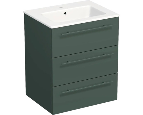 Meuble sous-vasque vert foncé avec trois tiroirs et lavabo blanc en céramique.