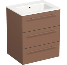 Meuble sous-vasque marron avec trois tiroirs et vasque en céramique blanche.