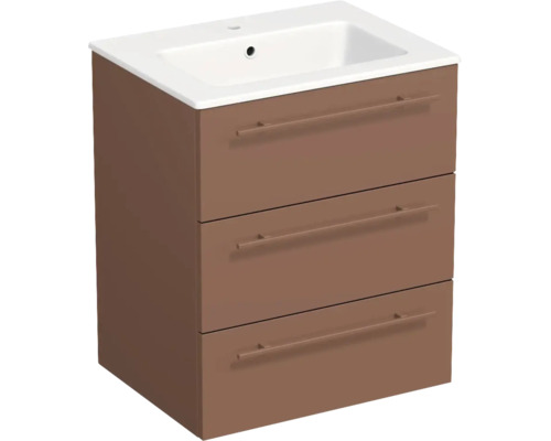 Meuble sous-vasque marron avec trois tiroirs et vasque en céramique blanche.