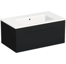 Meuble sous-vasque noir avec lavabo en céramique blanc, un tiroir avec poignée barre noire.