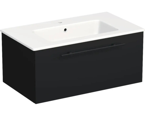 Meuble sous-vasque noir avec lavabo en céramique blanc, un tiroir avec poignée barre noire.