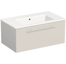 Meuble sous-vasque moderne avec un tiroir, lavabo en céramique et poignée barre.