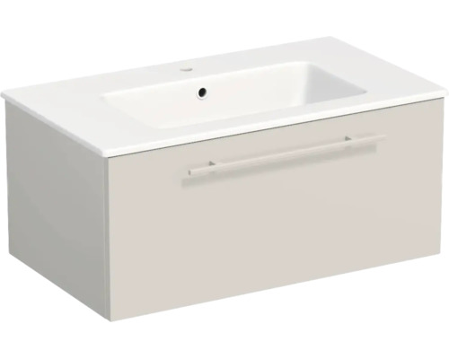 Meuble sous-vasque moderne avec un tiroir, lavabo en céramique et poignée barre.