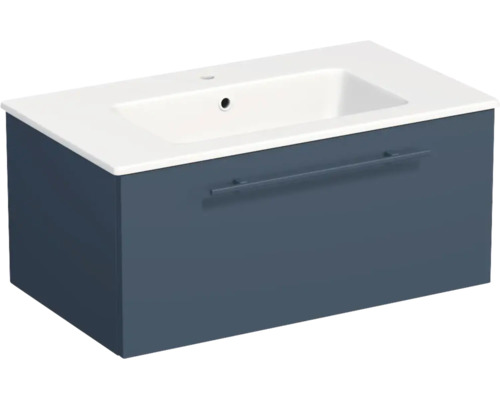 Meuble sous-vasque suspendu avec un grand tiroir et lavabo blanc intégré.