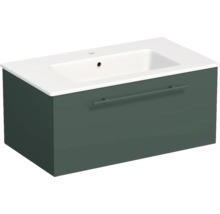 Meuble sous-vasque vert foncé avec un tiroir et lavabo en céramique blanche avec poignée.