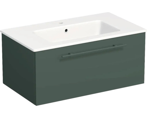 Meuble sous-vasque vert foncé avec un tiroir et lavabo en céramique blanche avec poignée.