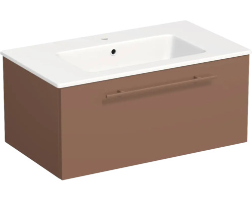 Meuble sous-vasque avec lavabo en céramique blanche, meuble suspendu brun avec un tiroir et poignée horizontale.