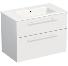 Meuble sous-vasque blanc avec lavabo intégré et deux tiroirs avec poignées.