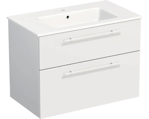 Meuble sous-vasque blanc avec lavabo intégré et deux tiroirs avec poignées.