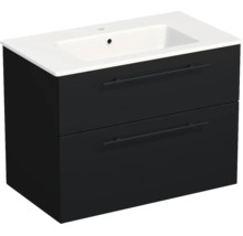 Meuble sous-vasque avec deux tiroirs et lavabo en céramique blanc, façades noires, poignées modernes.