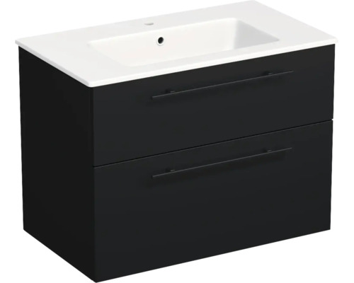 Meuble sous-vasque avec deux tiroirs et lavabo en céramique blanc, façades noires, poignées modernes.