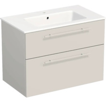 Meuble sous-vasque suspendu avec deux tiroirs et lavabo intégré en céramique.
