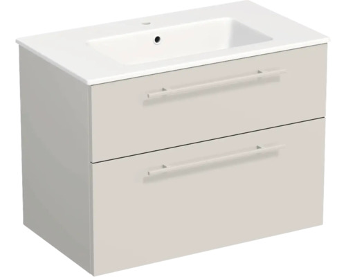 Meuble sous-vasque suspendu avec deux tiroirs et lavabo intégré en céramique.