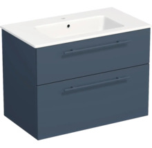 Meuble sous-vasque avec deux tiroirs, corps bleu foncé et lavabo en céramique blanc.