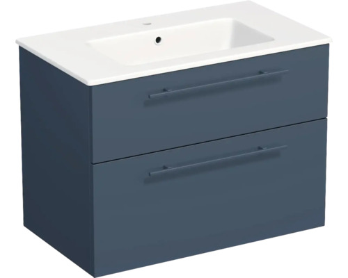 Meuble sous-vasque avec deux tiroirs, corps bleu foncé et lavabo en céramique blanc.