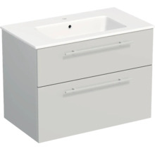 Meuble sous-vasque gris clair avec deux tiroirs et lavabo blanc.