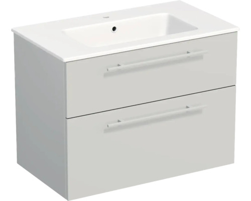 Meuble sous-vasque gris clair avec deux tiroirs et lavabo blanc.