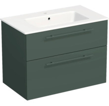 Meuble sous-vasque vert foncé avec deux tiroirs et lavabo en céramique blanche.
