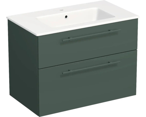 Meuble sous-vasque vert foncé avec deux tiroirs et lavabo en céramique blanche.