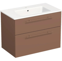 Meuble sous-vasque marron avec deux tiroirs et vasque blanche.