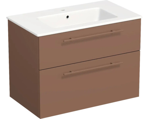 Meuble sous-vasque marron avec deux tiroirs et vasque blanche.
