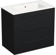 Meuble sous-vasque avec trois tiroirs et un lavabo blanc, noir.