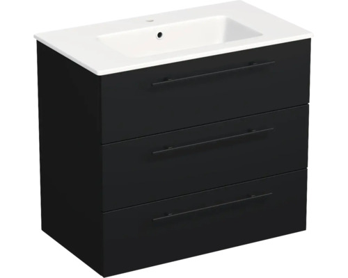 Meuble sous-vasque avec trois tiroirs et un lavabo blanc, noir.